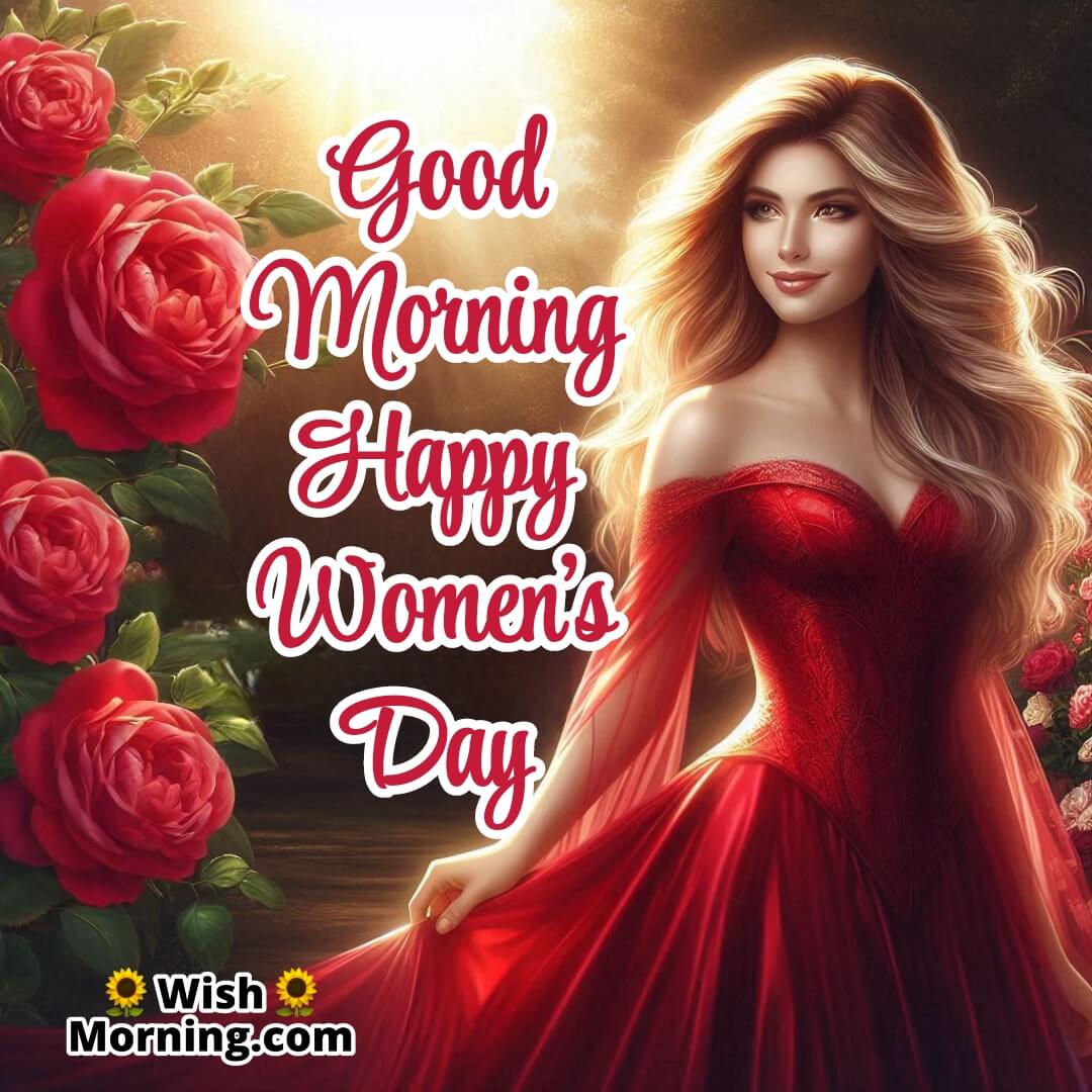 A beautiful woman in a red dress standing in a rose garden with a morning greeting.