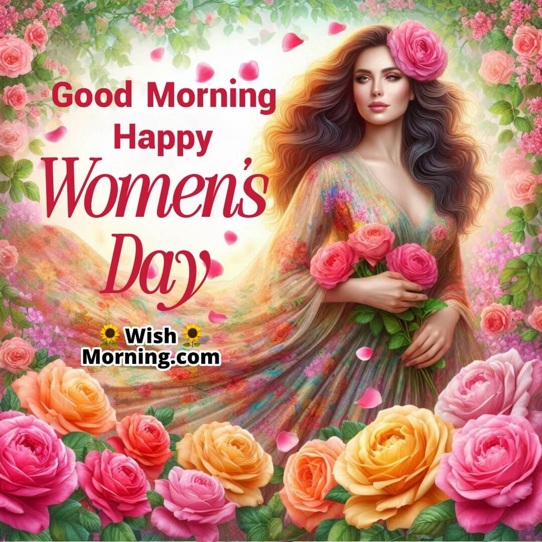 A woman walking through a garden of roses, celebrating Women’s Day with a morning greeting.