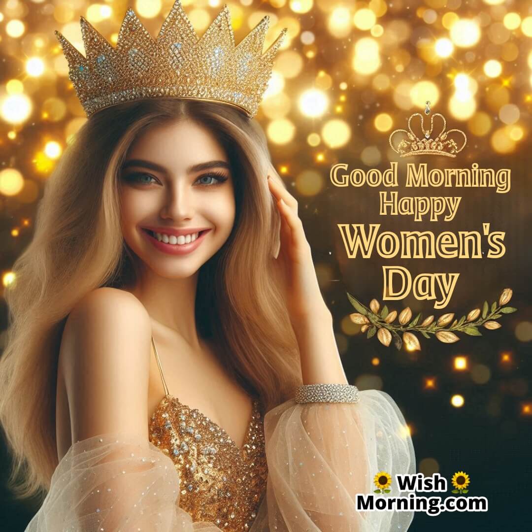 A woman wearing a golden crown, celebrating Women’s Day with a regal morning greeting.