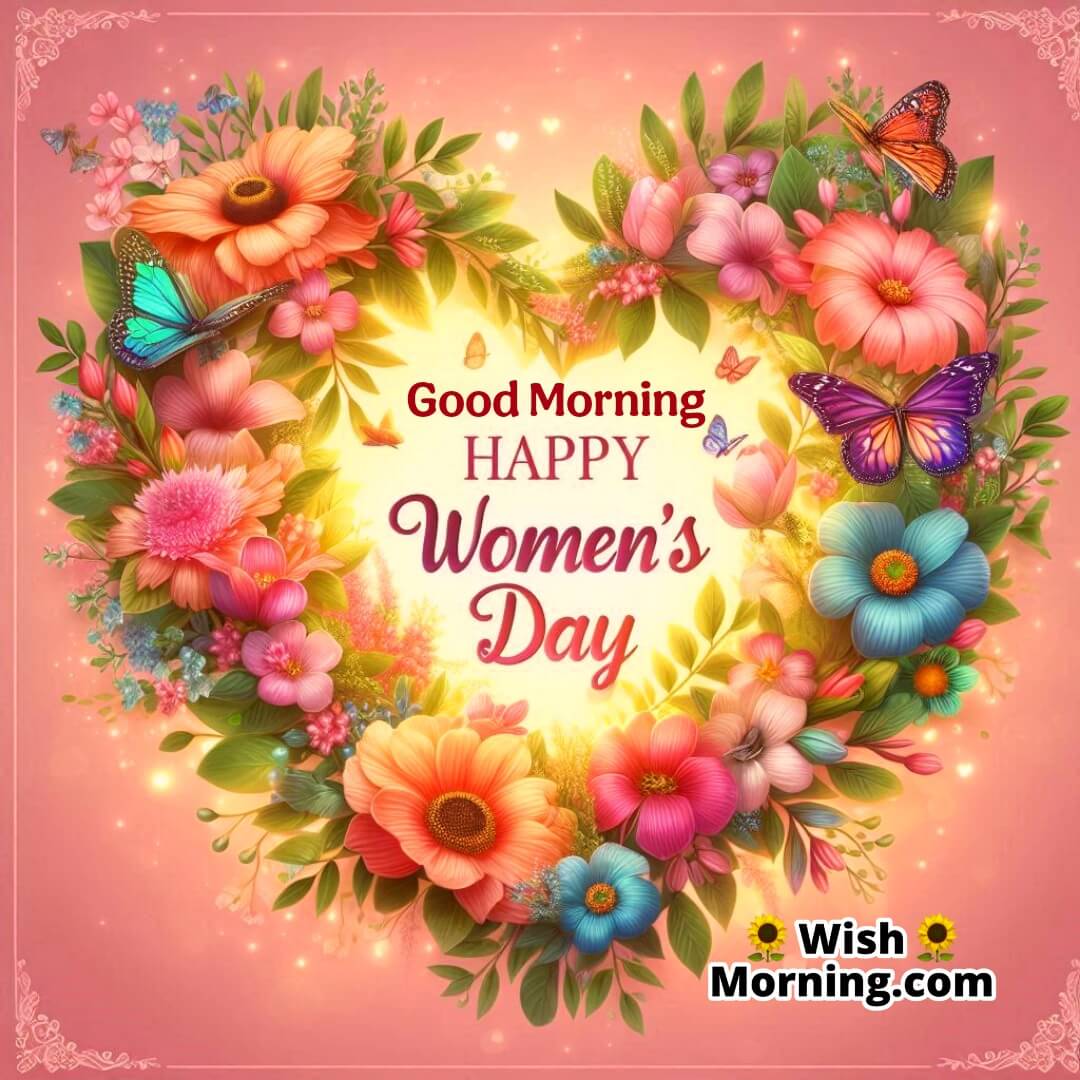 Good Morning Women’s Day In Heart Shaped Flowers