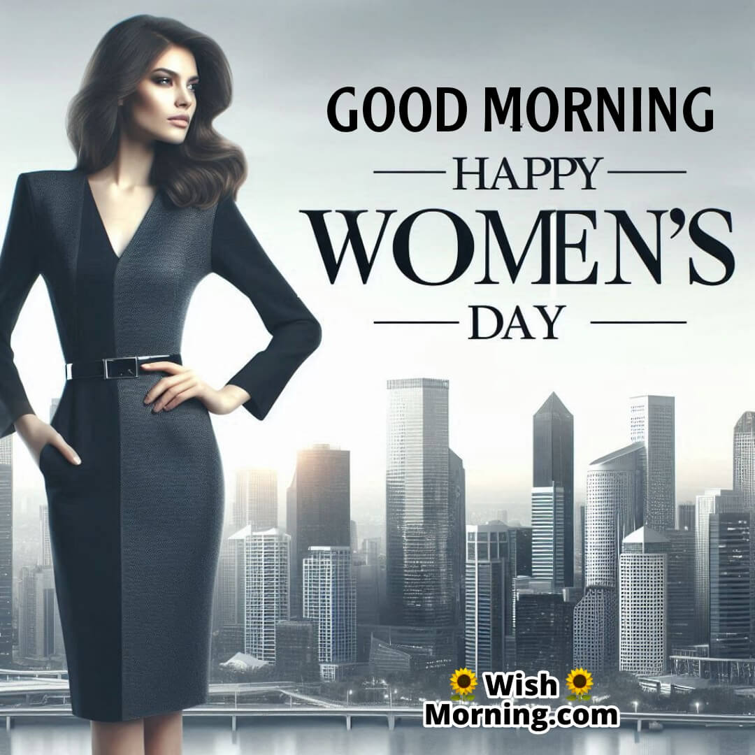 A confident woman in a modern dress with a city skyline, celebrating Women’s Day.