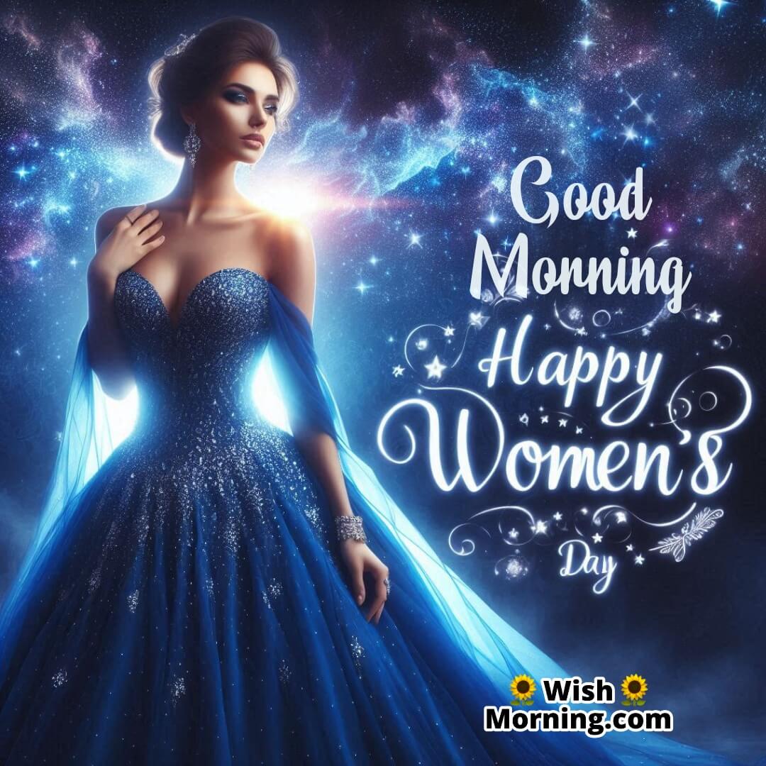 A woman in a royal blue gown under a starry night, celebrating Women’s Day.