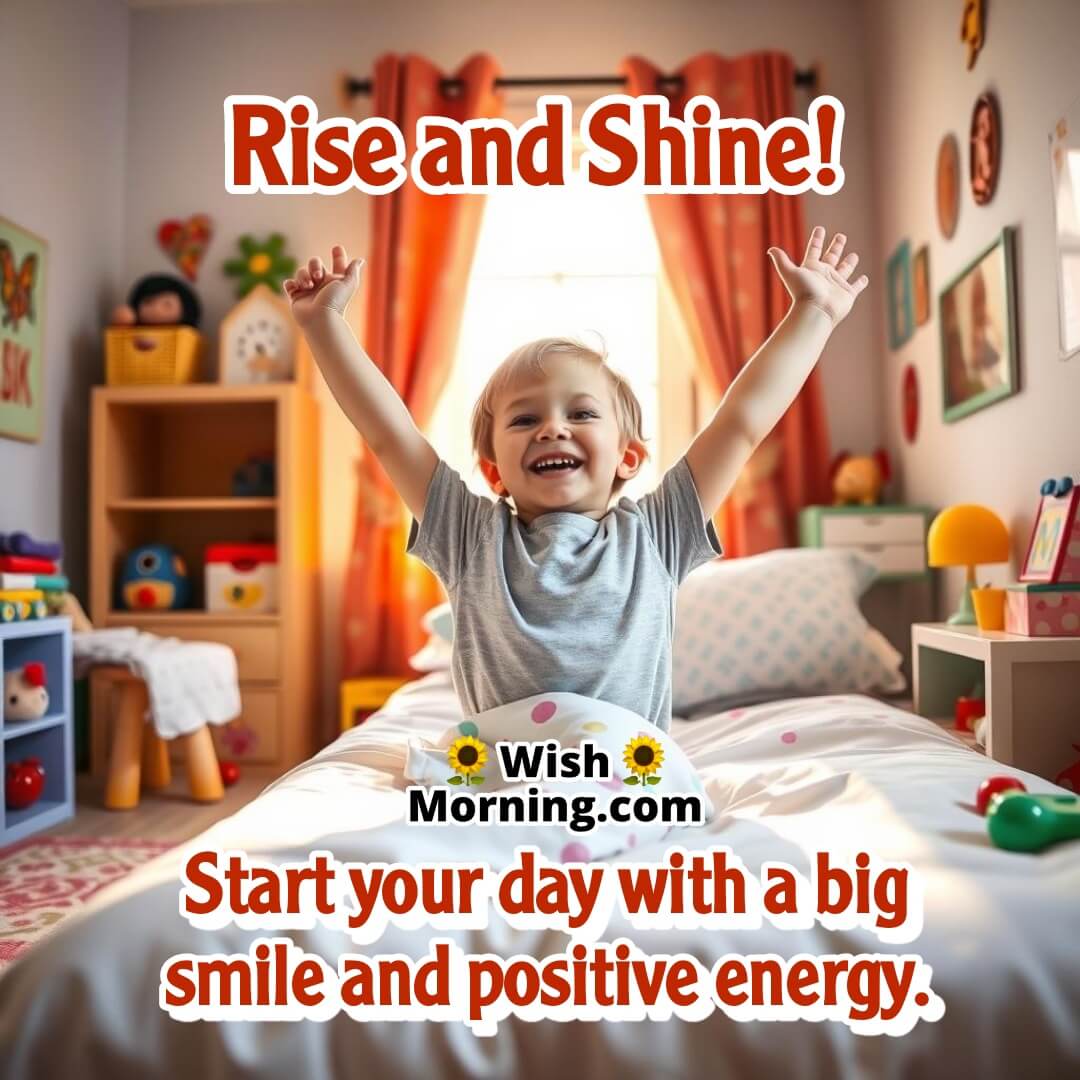 A joyful child stretching in bed with morning sunlight filling the room, symbolizing a positive start.